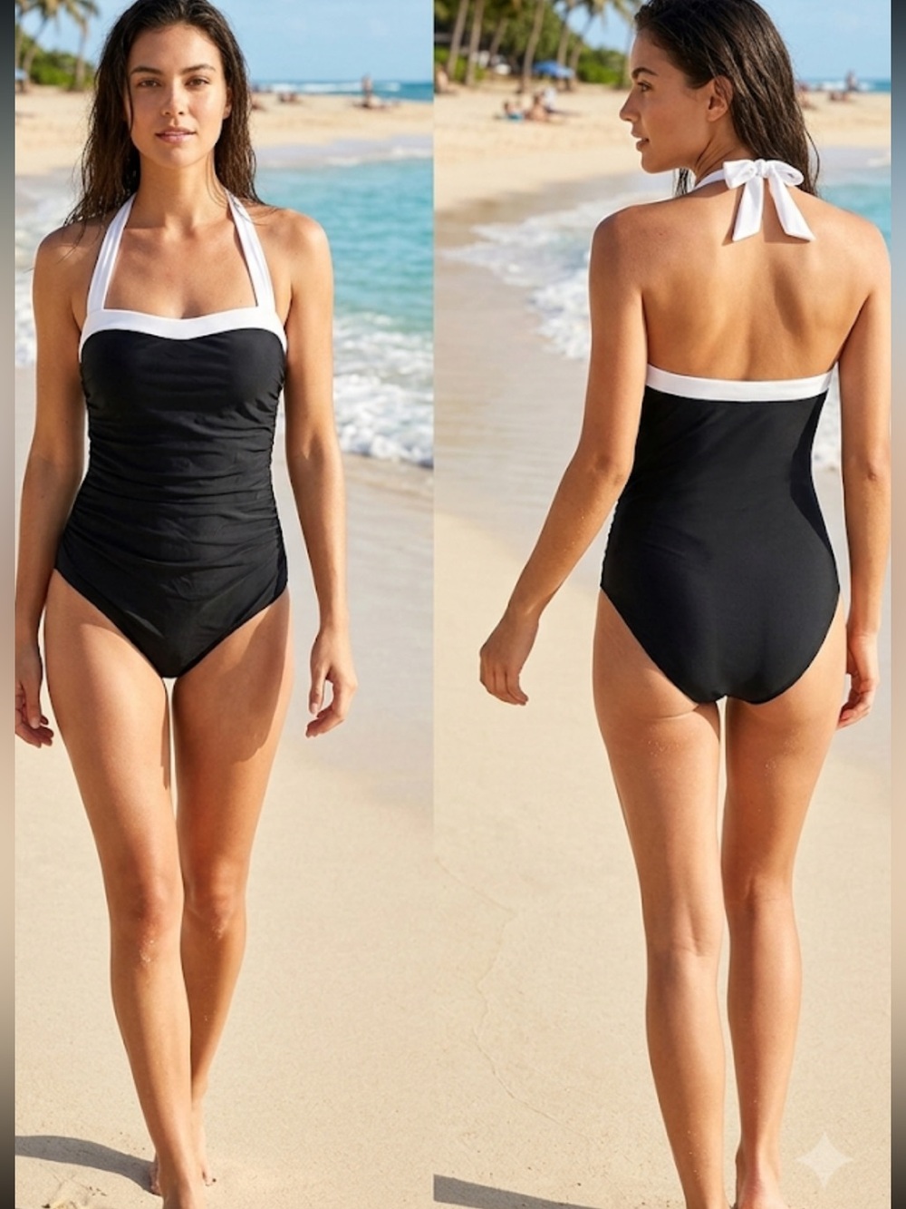Women’s Black & White Halter One-Piece Swimsuit